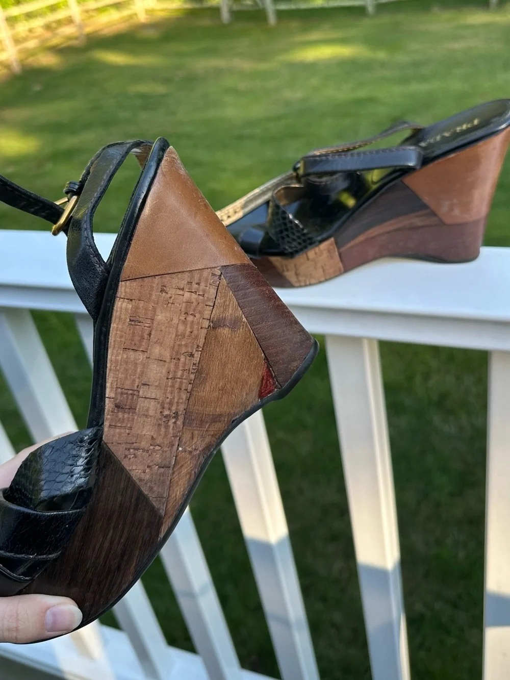 Prada Retro 70s Patchwork Cork Wood Platform Wedge Black Ankle Strap Size 9.5